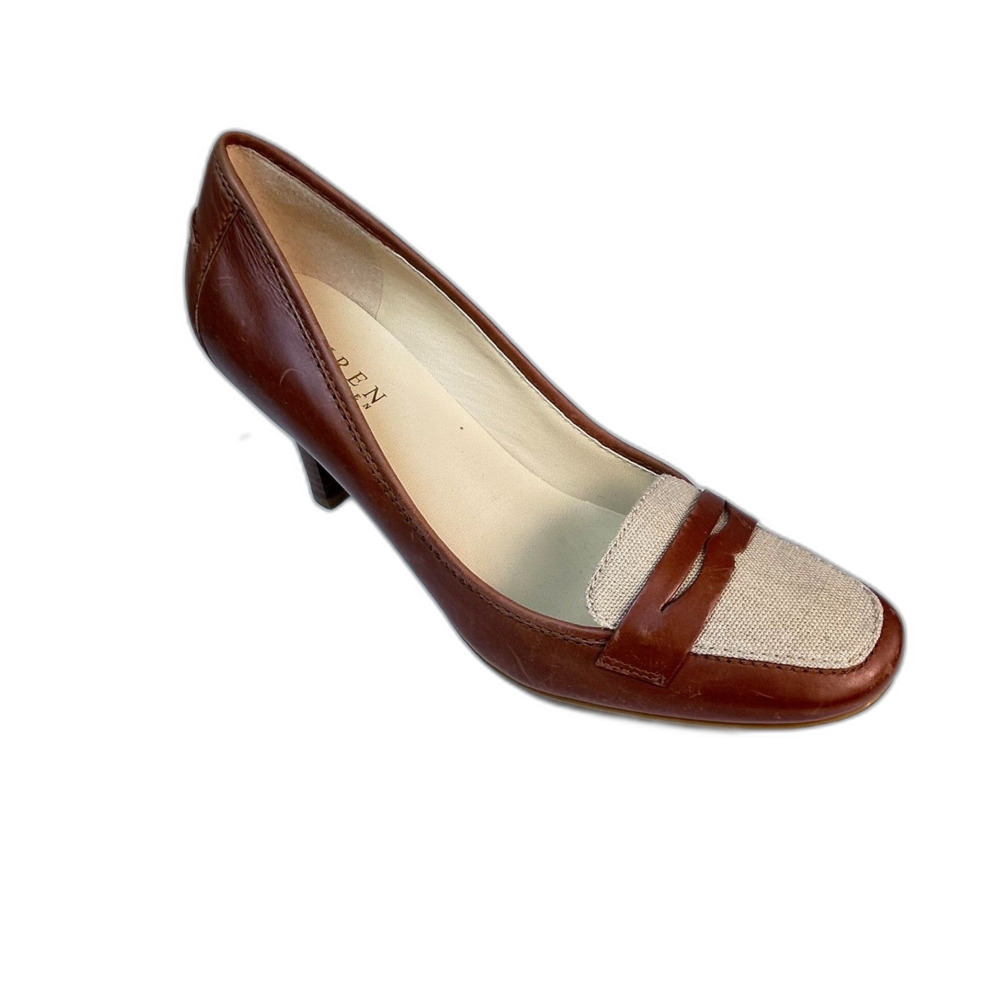 Lauren Ralph Lauren Brown Leather Beige Canvas Penny Loafer Dress Pump 7.5M